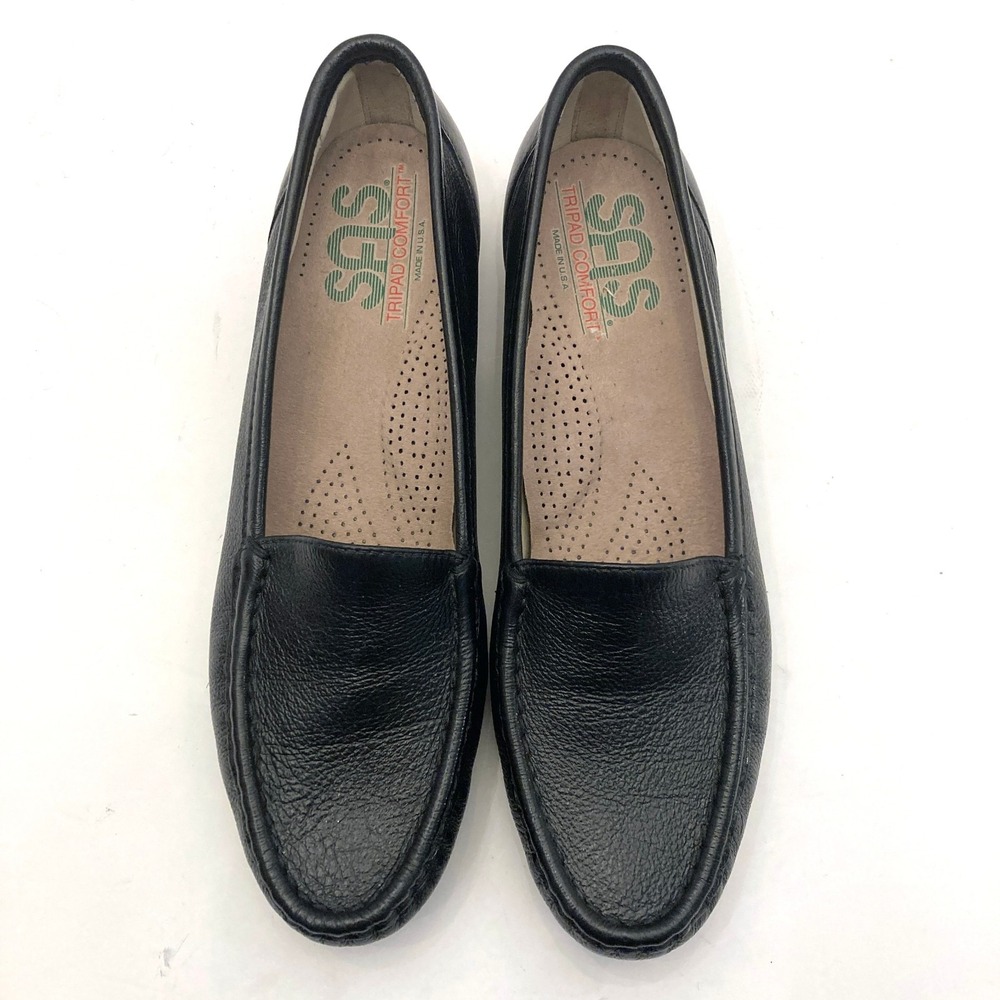 SAS Black Leather Loafers Flats Womens 7 Slim AAA Round Toe Comfort Casual